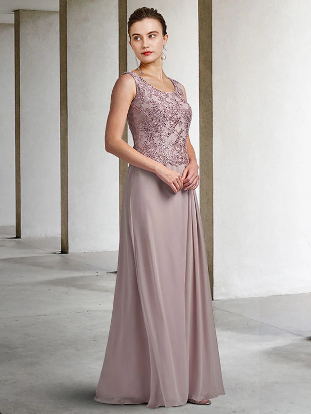 Luolandi Two Piece Sheath / Column Mother of the Bride Dress Plus Size Elegant Jewel Neck Floor Length Chiffon Lace Sleeveless Wrap Included with Appliques